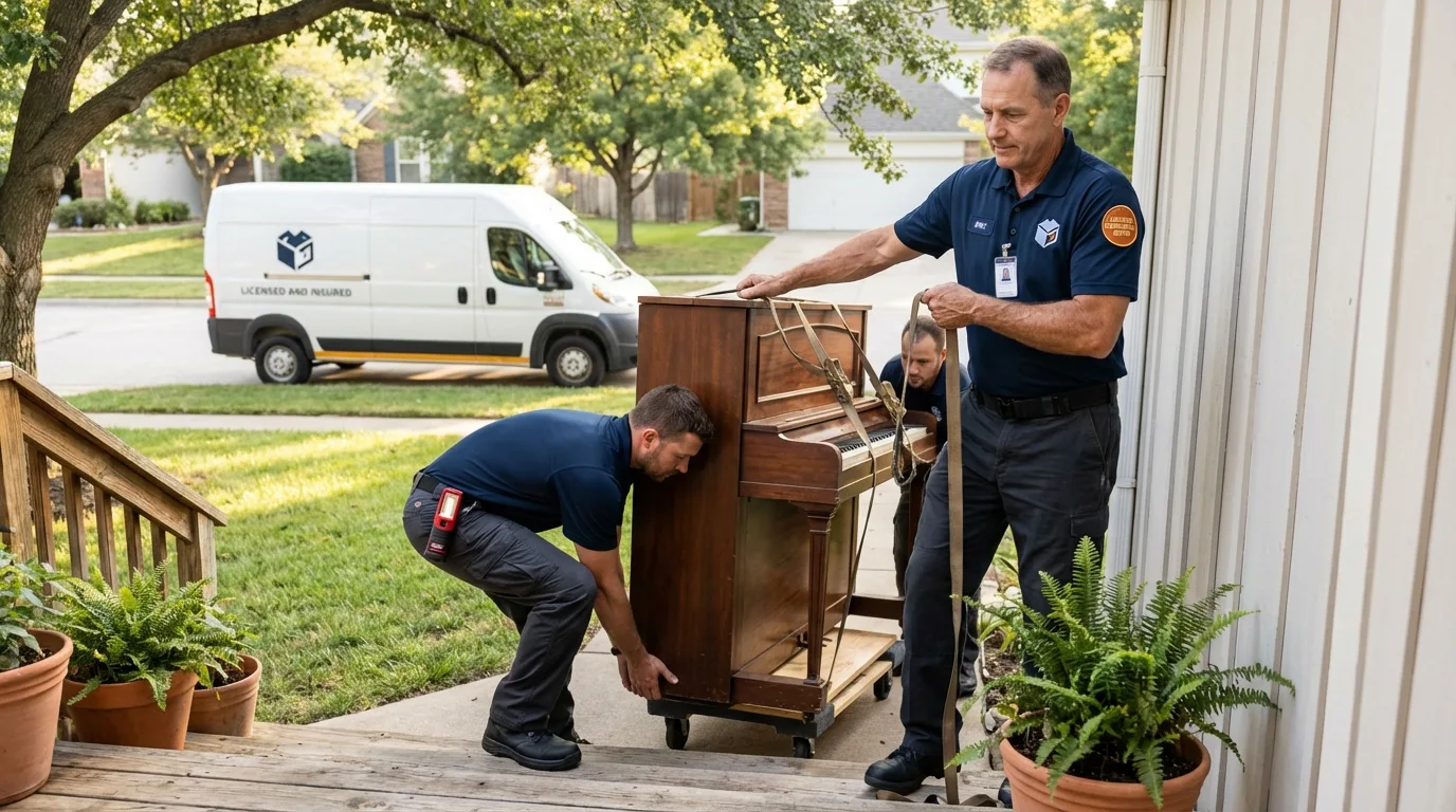 Licensed piano movers securing grand piano in Berthoud, CO