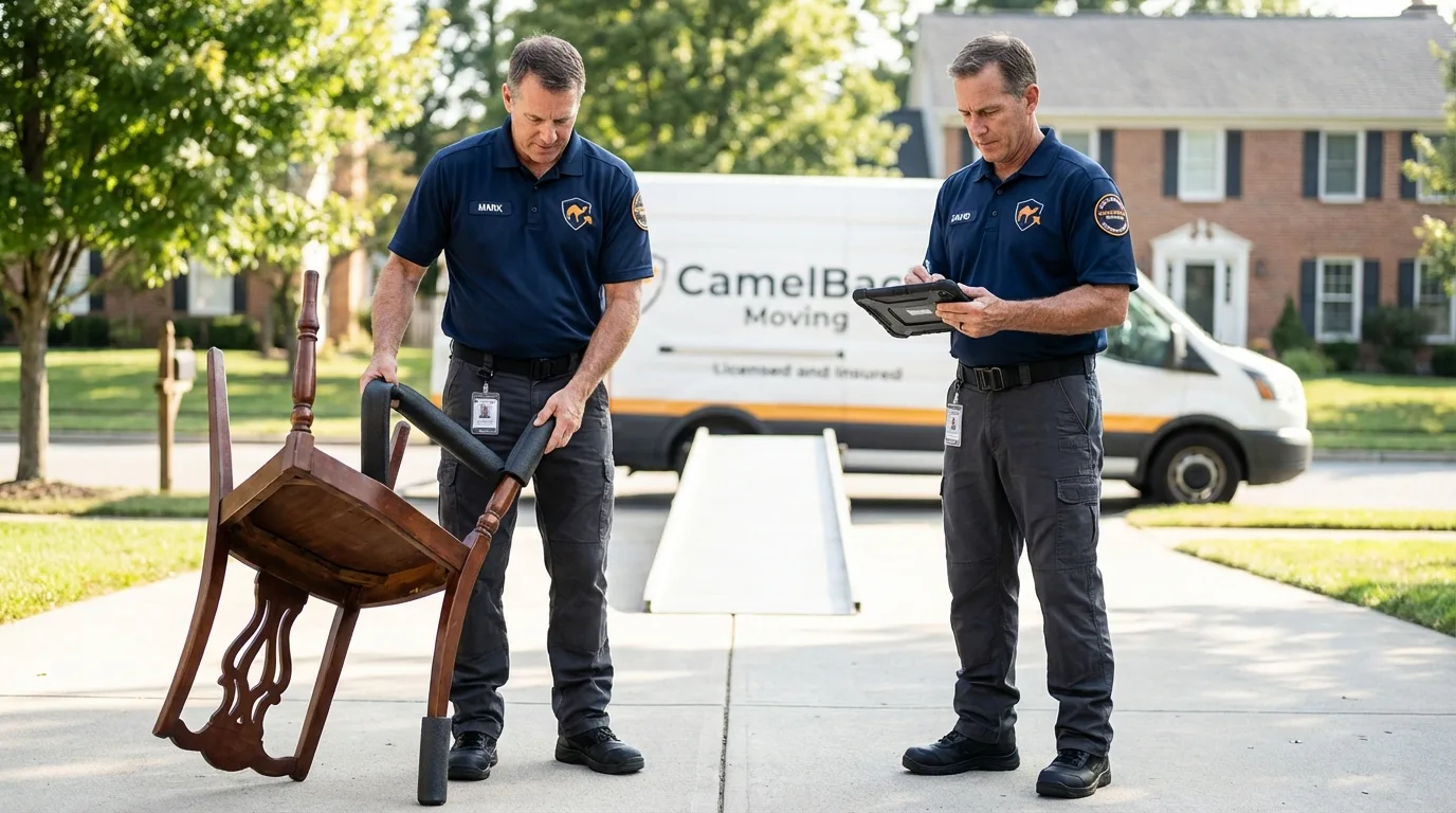 Movers inspecting furniture for damage prevention before loading in Berthoud, CO