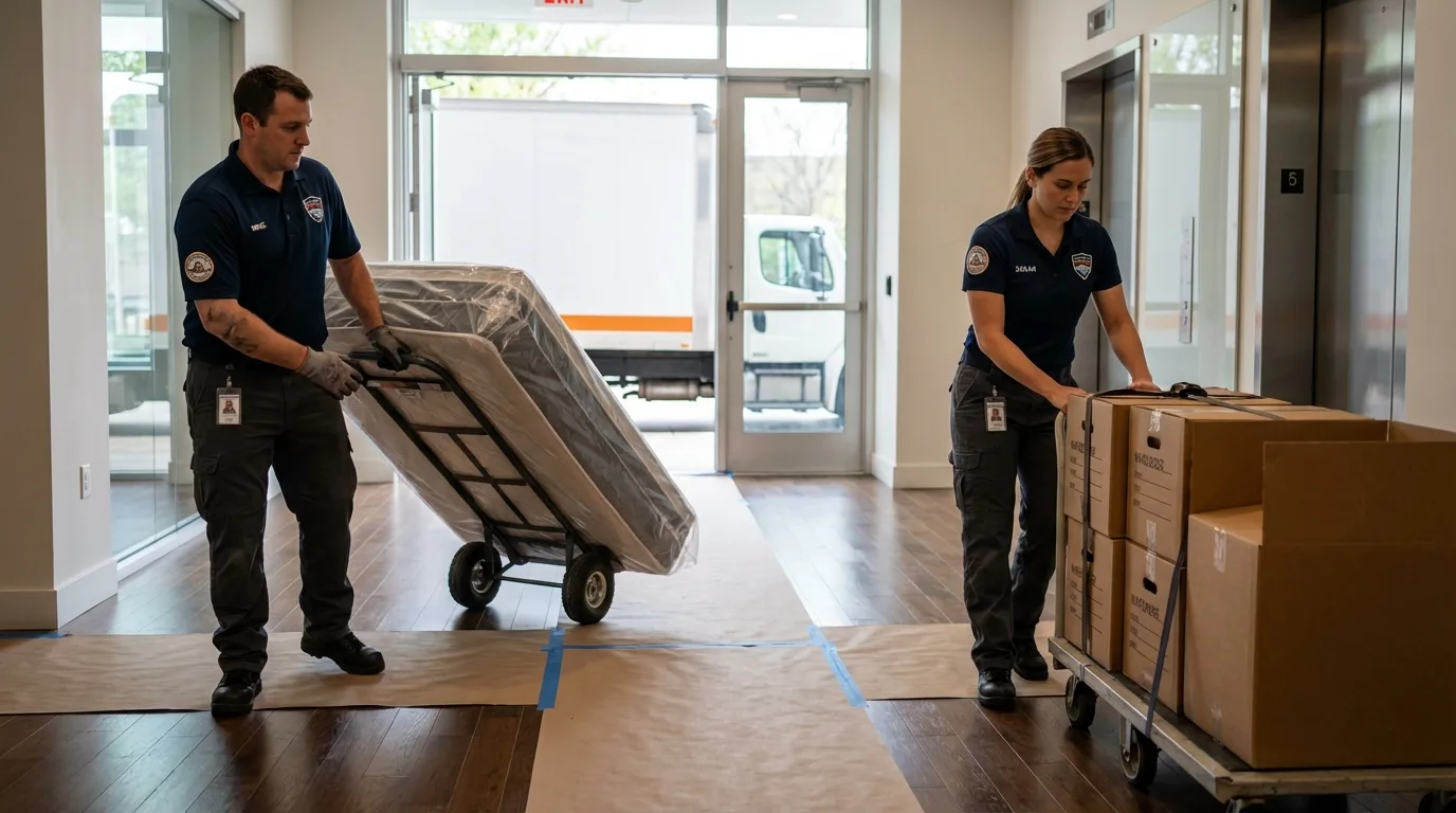 Professional apartment movers loading elevator in Berthoud, CO